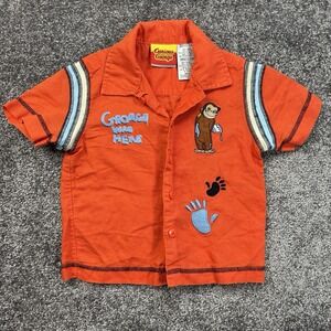 Vintage‎ Curious George Short Sleeve Embroidered Button Shirt Youth 24M Cartoon
